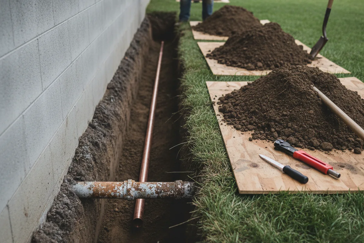 Excavated water line trench during Sewer Line Repair in Vine Grove